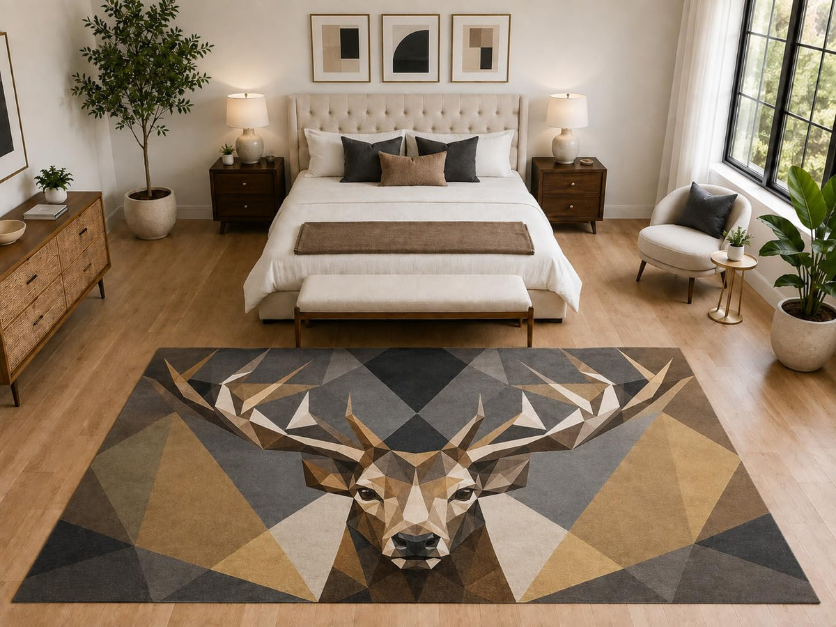 ICE ARMOR "Ultra Light Weight Large 6'7" x 9'10" Stag Deer Head Area Rug Carpet Soft Low Pile Indoor Rug and Non-Slip Silicone Backing Bedroom Brown
