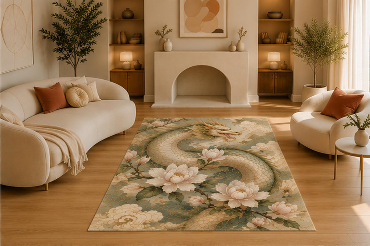 ICE ARMOR 5' x 7' Circular Chinese Dragon Area Rug for Living Room,Soft Low Pile Indoor Rug with Non-Slip Silicone Backing,Decorative Carpet for Bedroom,Dining Room,Office,Beige