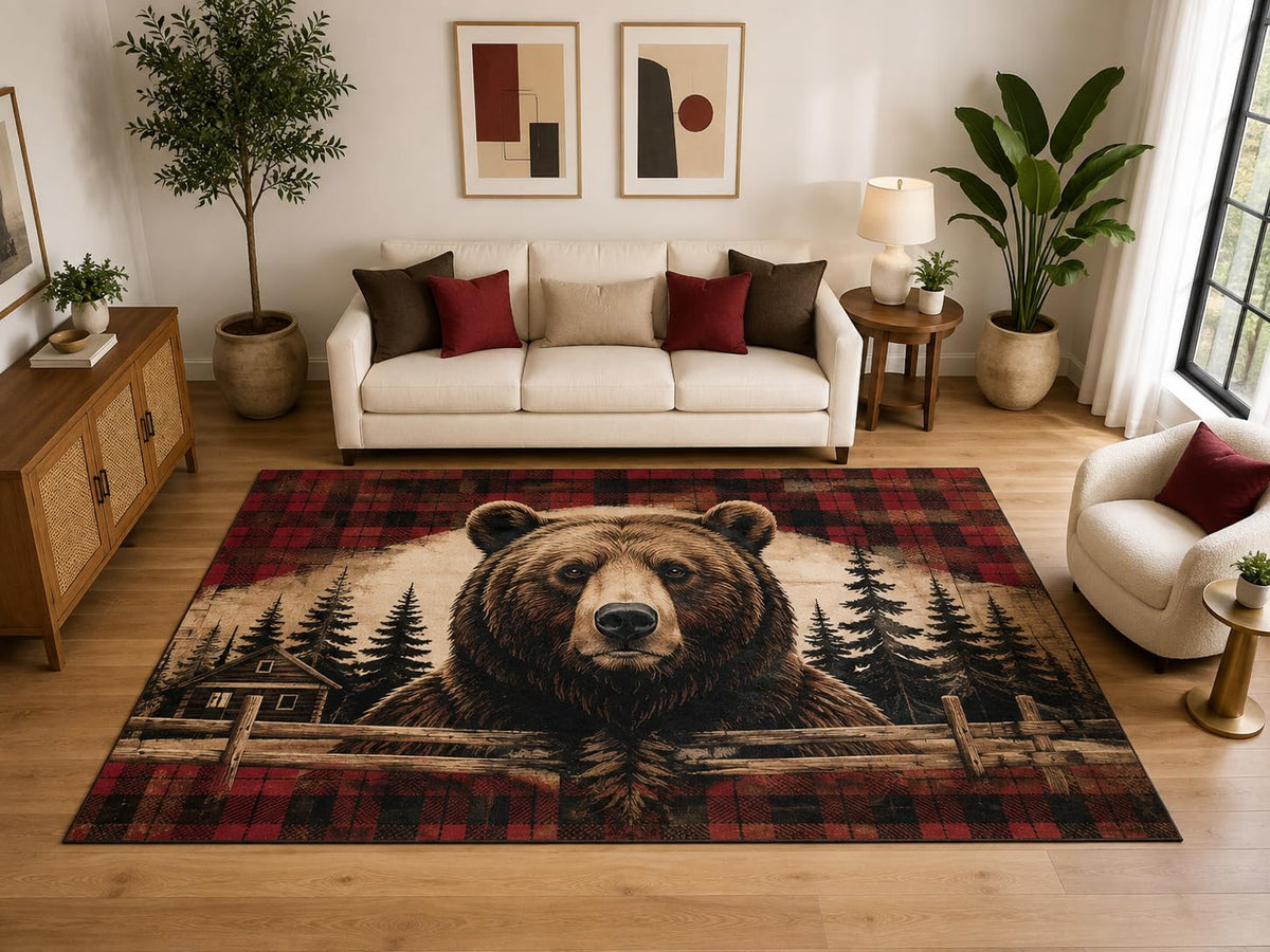 ICE ARMOR "Ultra Light Weight Large 6'7" x 9'10" Bear Plaid Cabin Area Rug, Soft Low Pile Indoor Rug, Non-Slip Silicone Backing, Bedroom, Red