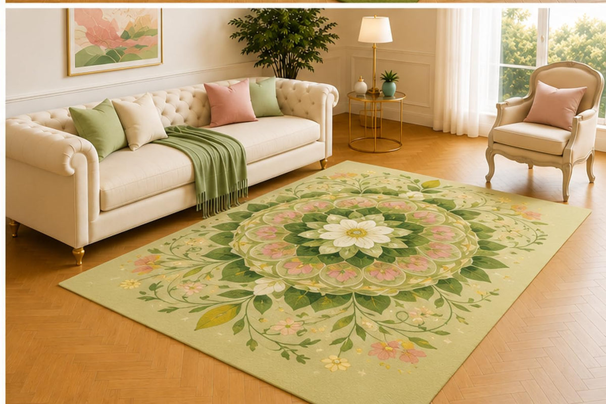 ICE ARMOR 5' x 7' Botanical Mandala Rug, Layered White and Blush Flowers with Green Leaves on Pale Sage, Refined Accent for Living Room, Bedroom or Entryway