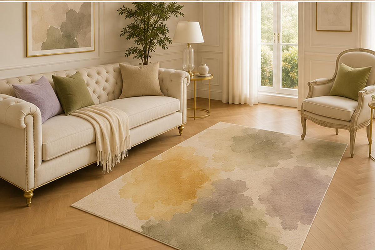ICE ARMOR 5' x 7' Pastel Watercolor Bloom Area Rug for Living Room, Soft Low Pile Carpet with Non-Slip Silicone Backing for Bedroom, Dining Space, Office, Kids and Pets