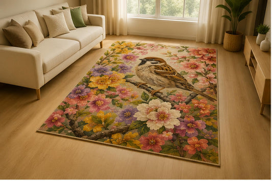 ICE ARMOR 5' x 7' Sparrow Spring Blossom Area Rug for Living Room, Soft Low Pile Indoor Rug with Non-Slip Silicone Backing, Cottage Garden Bird Decor for Bedroom, Nursery, Kids & Pets, Beige Pink
