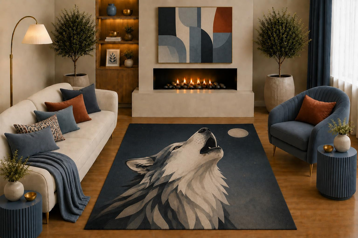 ICE ARMOR "Ultra Light Weight 5' x 7' Howling Wolf Area Rug Modern Geometric Wildlife Art for Living Room Bedroom Office Cabin Lodge Decor Non-Slip Silicone Backing Low Pile