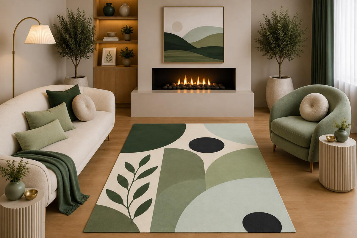 ICE ARMOR 5' x 7' Mid Century Modern Area Rug Sage Green Cream Botanical Abstract Leaf Design for Living Room Bedroom Dining Room Office Non-Slip Silicone Backing Low Pile