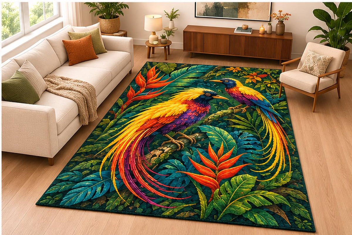 ICE ARMOR 5' x 7' Colorful Paradise Birds Tropical Area Rug Soft Low Pile Indoor Rug with Non Slip Silicone Backing Nature Theme Carpet for Living Room Bedroom Office Family Room Green