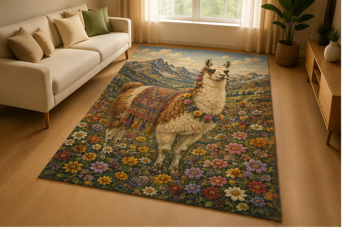 ICE ARMOR 5' x 7' Llama Mountain Wildflower Area Rug for Living Room, Soft Low Pile Indoor Rug with Non-Slip Silicone Backing, Rustic Farm Animal Decor for Bedroom, Family Room, Kids & Pets, Brown