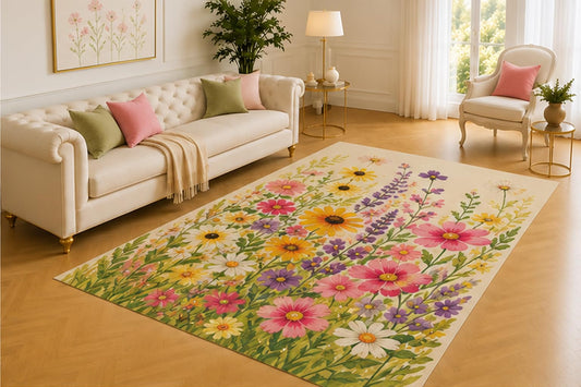 ICE ARMOR 5' x 7' Cottage Wildflower Rug, Daisies, Lavender and Pink Blossoms Rising Across a Cream Field, Lovely Accent for Bedroom, Sunroom or Guest Space