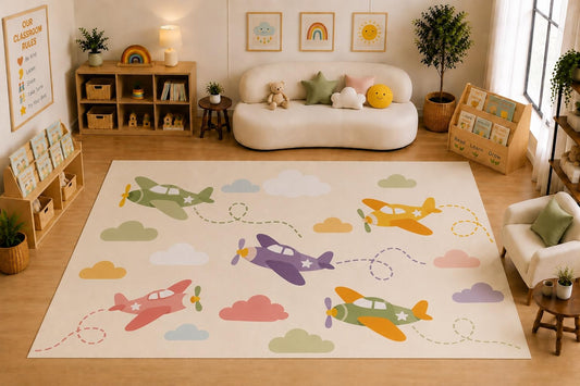 ICE ARMOR Large 6'7" x 9'10" Airplane and Clouds Area Rug for Kids Room, Classroom, Bedroom, Playroom Decor, Soft Low Pile Indoor Rug with Non-Slip Silicone Backing, Cream Multicolor