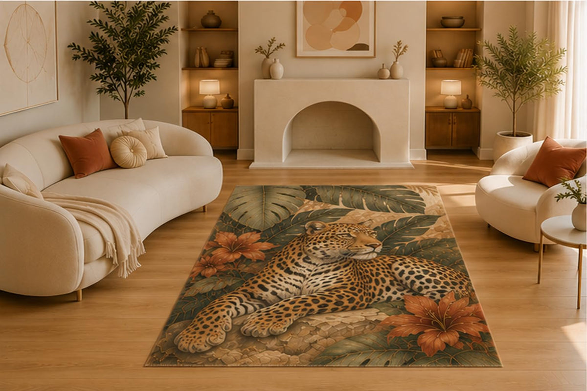 ICE ARMOR 5' x 7' Majestic Lion Medallion Area Rug for Living Room,Soft Low Pile Indoor Rug with Non-Slip Silicone Backing,Decorative Carpet for Bedroom,Dining Room,Office,Brown