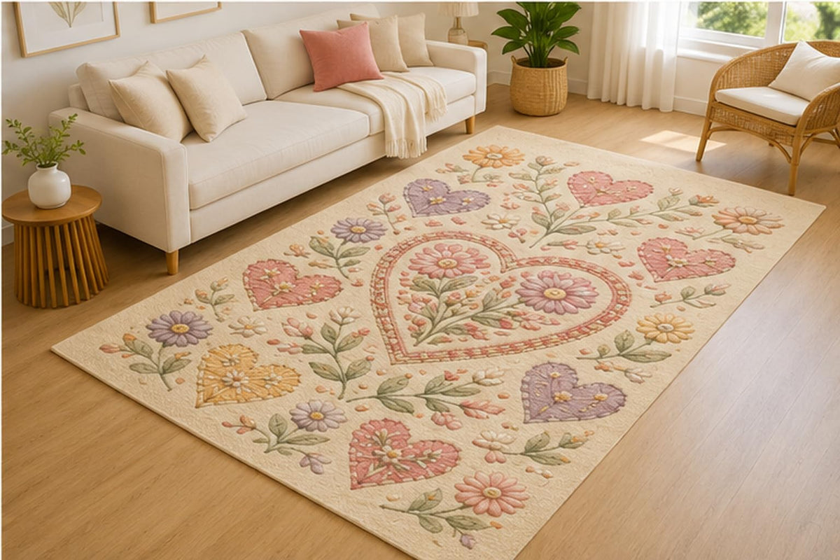 ICE ARMOR 5' x 7' Floral Heart Medallion Area Rug for Living Room, Soft Low Pile Indoor Rug with Non-Slip Silicone Backing, Decorative Carpet for Bedroom, Nursery, Kids Room, Kids & Pets, Cream