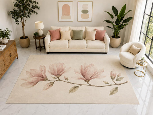 ICE ARMOR "Ultra Light Weight Large 6'7" x 9'10" Magnolia Branch Rug, Soft Low Pile Indoor Rug, Non-Slip Silicone Backing for Living Room Cream Pink