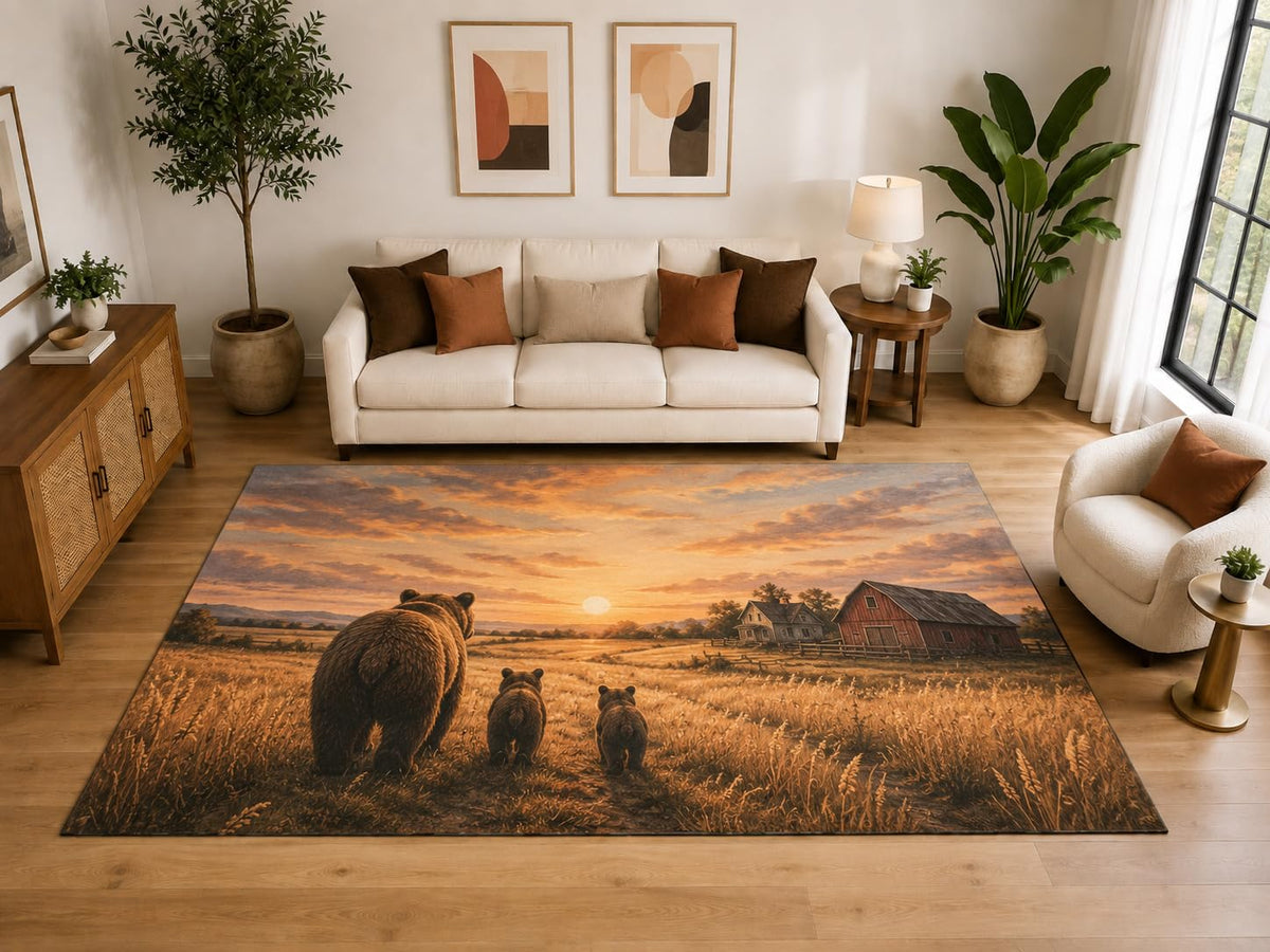 ICE ARMOR "Ultra Light Weight Large 6'7" x 9'10" Bear Sunset Farm Area Rug, Soft Low Pile Indoor Rug, Non-Slip Silicone Backing, Living Room, Orange