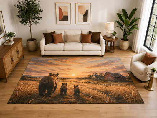 ICE ARMOR "Ultra Light Weight Large 6'7" x 9'10" Bear Sunset Farm Area Rug, Soft Low Pile Indoor Rug, Non-Slip Silicone Backing, Living Room, Orange