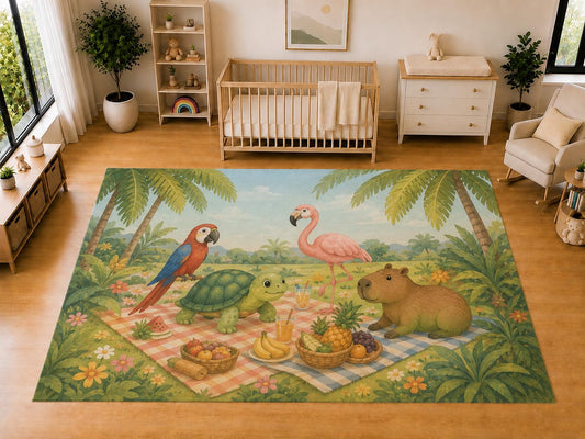 ICE ARMOR "Ultra Light Weight Large 6'7 x 9'10 Tropical Picnic Animals Area Rug for Kids Room Nursery Playroom Soft Low Pile Indoor Carpet Nature Adventure Floor Decor