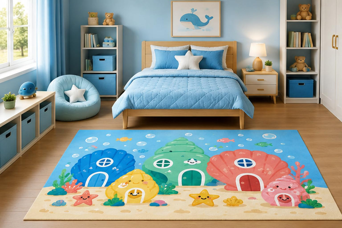 ICE ARMOR 5' x 7' Underwater Seashell Village Area Rug for Kids Bedroom Nursery Playroom Scandinavian Minimalist Ocean Fantasy Decor Non-Slip Silicone Backing Low Pile