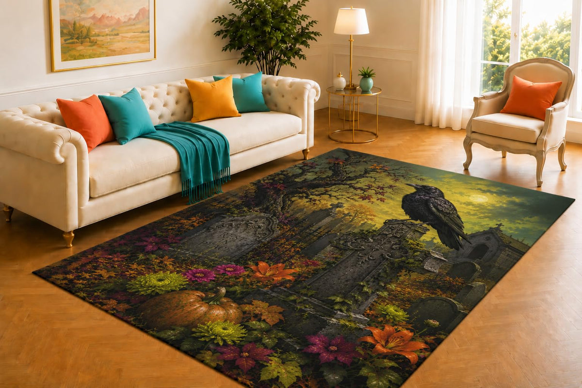 ICE ARMOR 5' x 7' Cemetery Raven Rug, Tombstone Cross Moon Bare Tree Artwork, Smooth Printed Floor Cover for Bedroom, Office, Lounge and Gothic Home Decor