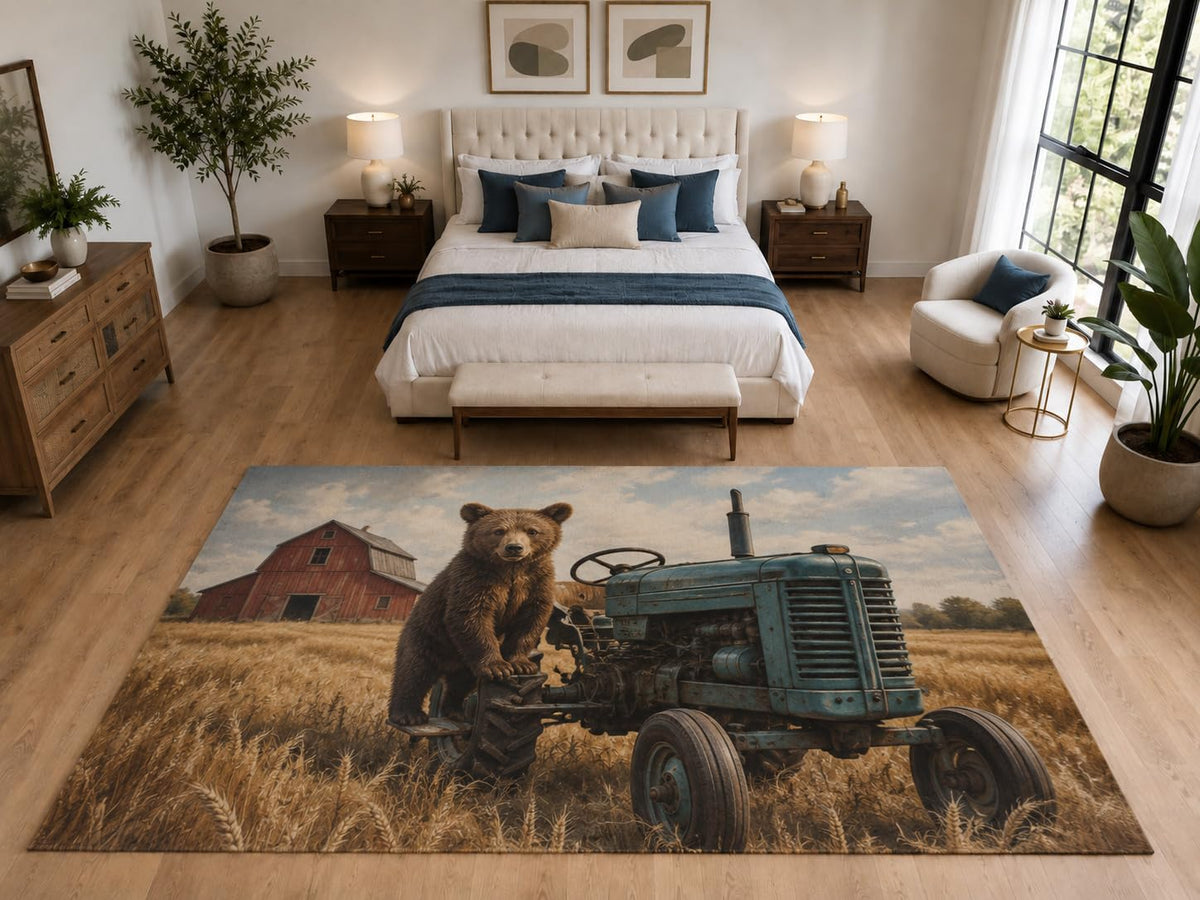 ICE ARMOR "Ultra Light Weight Large 6'7" x 9'10" Bear Tractor Farm Rug, Soft Low Pile Indoor Rug, Non-Slip Silicone Backing for Bedroom Brown