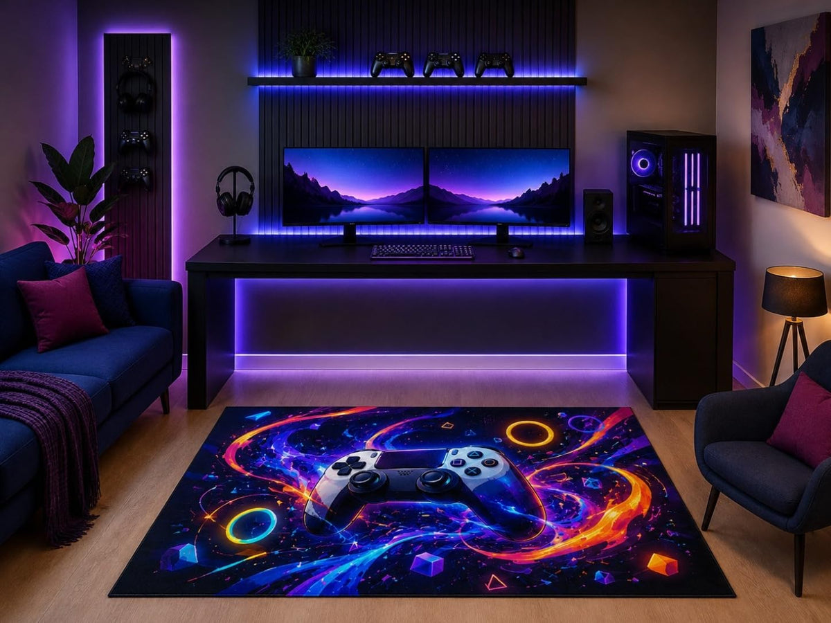 ICE ARMOR 5' x 7' Cosmic Neon Gaming Controller Area Rug Abstract Space Galaxy Art Gamer Bedroom Game Room Teen Room Decor Non-Slip Silicone Backing Low Pile
