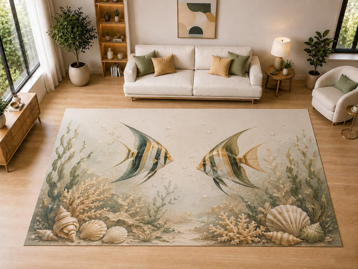 ICE ARMOR "Ultra Light Weight Large 6'7" x 9'10" Angelfish Seashell Coral Decor, Living Room, Bedroom, Dining Room, Office, Family Room, Soft Low Pile Indoor Rug, Non-Slip Silicone Backing, Beige