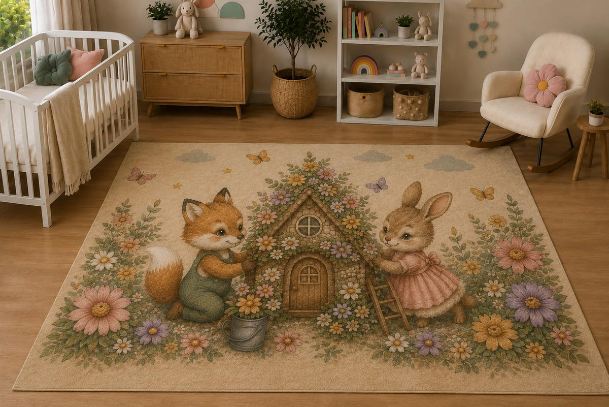 ICE ARMOR 5' x 7' Fox and Bunny Flower Cottage Area Rug, Soft Low Pile Indoor Rug with Non-Slip Silicone Backing, Nursery, Kids Room, Playroom, Kids & Pets, Beige Pastel