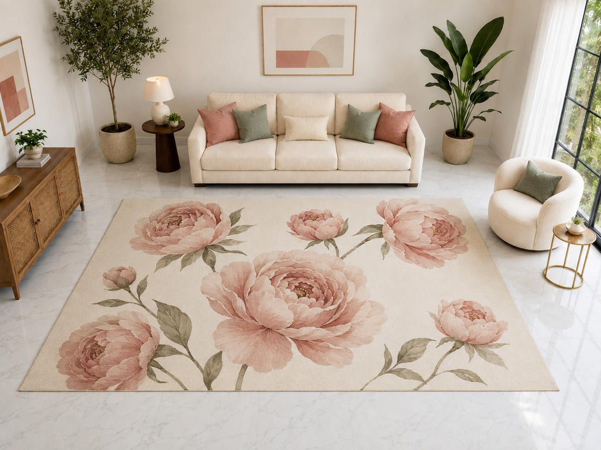 ICE ARMOR "Ultra Light Weight Large 6'7" x 9'10" Blush Peony Garden Rug, Soft Low Pile Indoor Rug, Non-Slip Silicone Backing for Living Room Pink