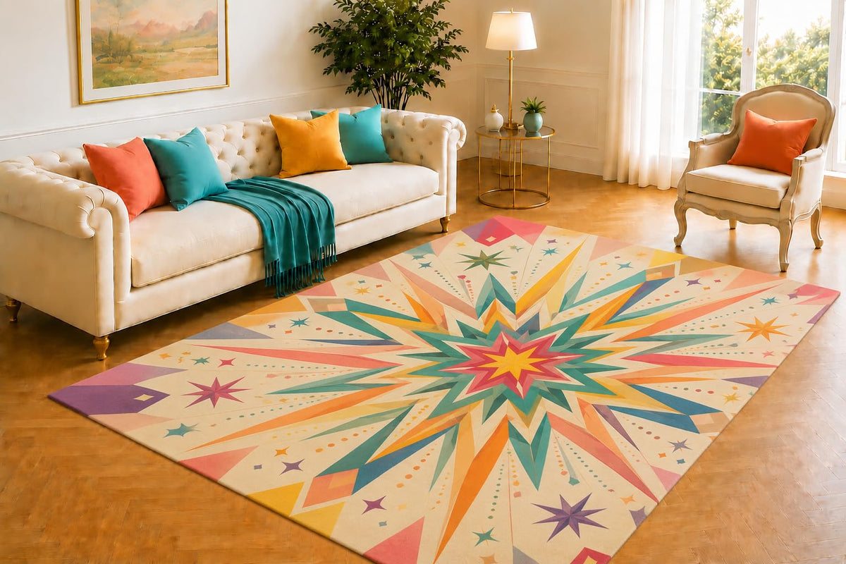 ICE ARMOR 5' x 7' Geometric Starburst Area Rug, Soft Low Pile Non-Slip Washable Indoor Carpet for Living Room, Bedroom, Dining Room, Office, Nursery, Multicolor