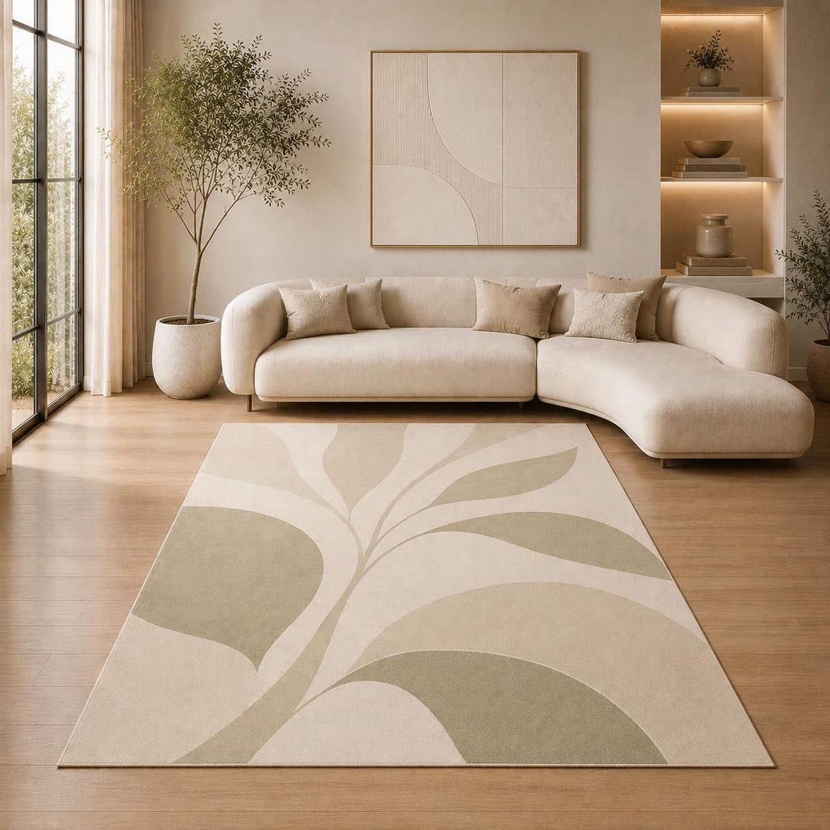 ICE ARMOR 5' x 7' Botanical Leaf Abstract Area Rug for Living Room, Soft Low Pile Indoor Rug with Non-Slip Silicone Backing, Decorative Carpet for Bedroom, Family Room, Sage Green
