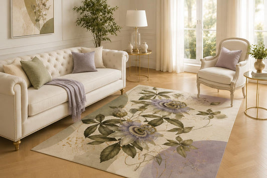 ICE ARMOR 5' x 7' Passion Flower Botanical Area Rug for Living Room, Soft Low Pile Indoor Carpet with Non-Slip Backing for Bedroom, Dining Room, Office, Lavender
