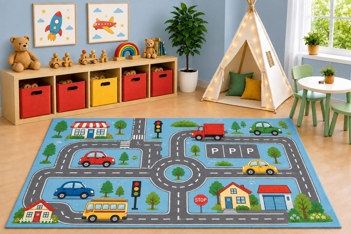 ICE ARMOR 5' x 7' Kids City Road Map Area Rug, Educational Car Track Traffic Play Rug for Playroom Bedroom Nursery, Non-Slip Silicone Backing Low Pile