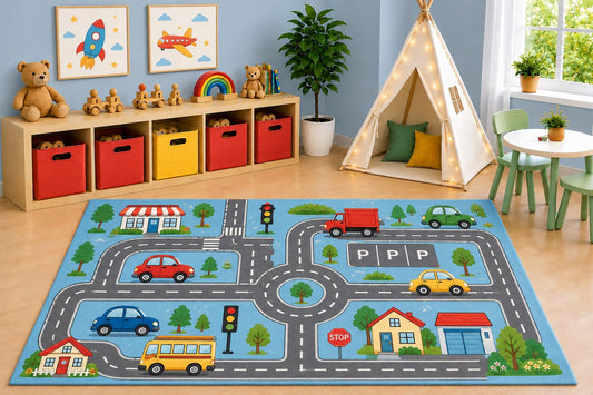 ICE ARMOR 5' x 7' Kids City Road Map Area Rug, Educational Car Track Traffic Play Rug for Playroom Bedroom Nursery, Non-Slip Silicone Backing Low Pile