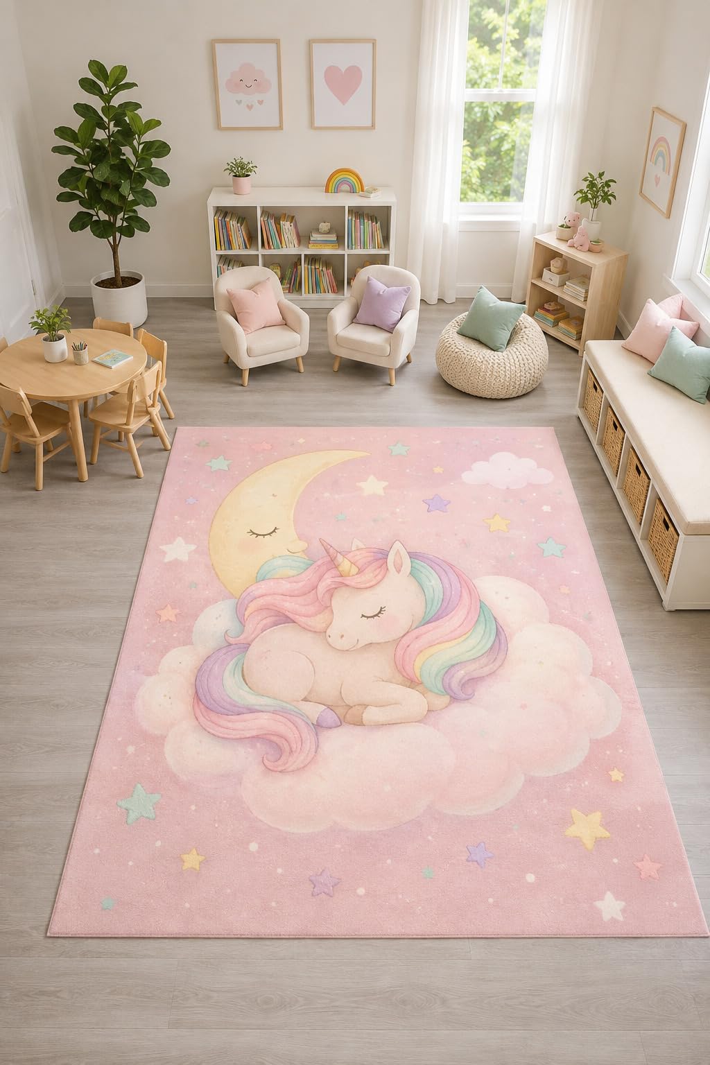 ICE ARMOR "Ultra Light Weight Large 6'7" x 9'10" Sleeping Unicorn Moon Rug, Soft Low Pile Indoor Rug, Non-Slip Silicone Backing for Bedroom Pink