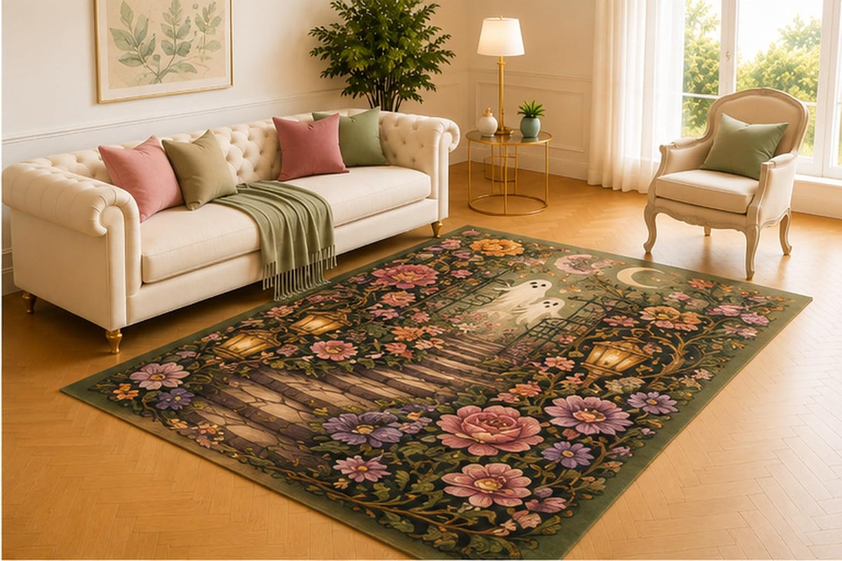 ICE ARMOR 5' x 7' Ghost Garden Path Rug, Olive Floral Design with Lanterns, Moon and Rose Archway, Enchanted Halloween Floor Accent for Bedroom, Hallway or Lounge