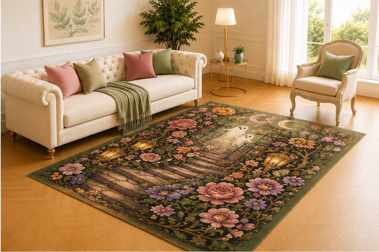 ICE ARMOR 5' x 7' Ghost Garden Path Rug, Olive Floral Design with Lanterns, Moon and Rose Archway, Enchanted Halloween Floor Accent for Bedroom, Hallway or Lounge