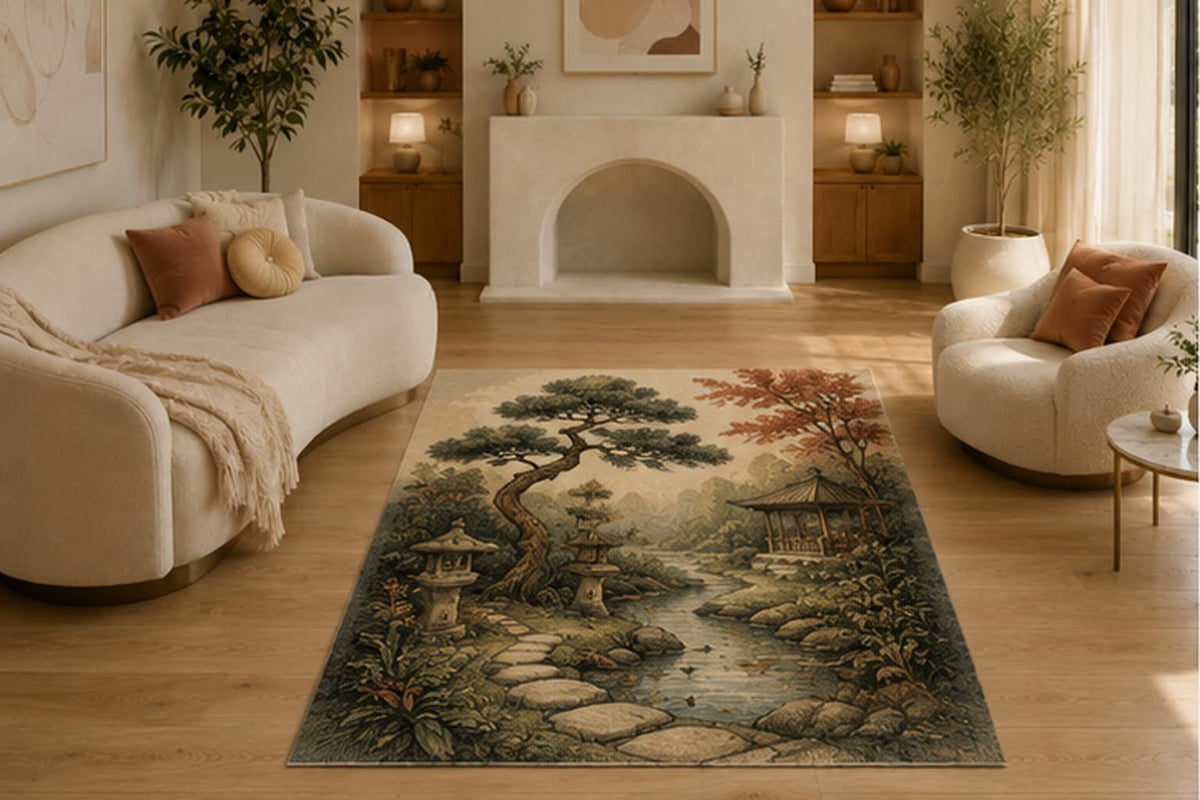 ICE ARMOR 5' x 7' Japanese Zen Garden Area Rug for Living Room, Soft Low Pile Indoor Rug with Non-Slip Silicone Backing, Decorative Carpet for Bedroom, Office, Meditation Room & Nature Decor, Green