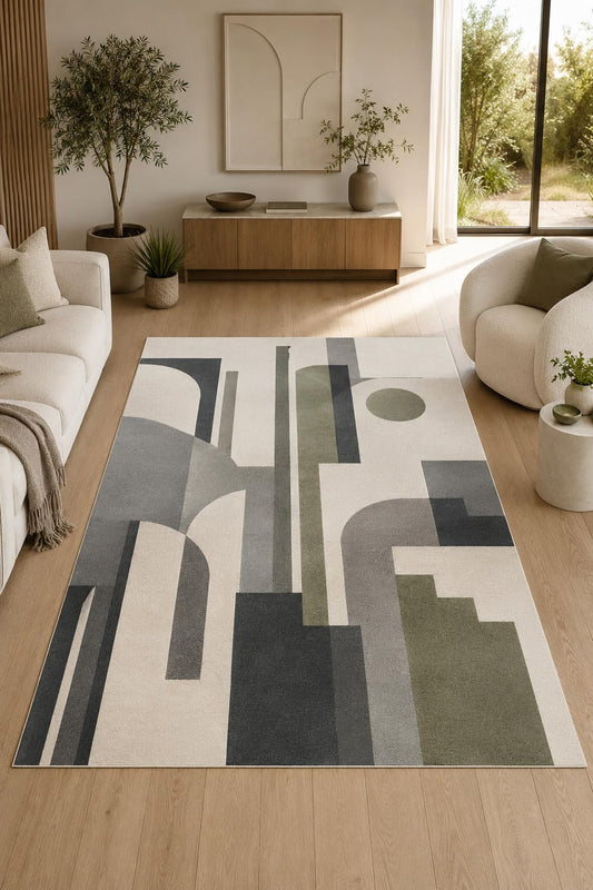 ICE ARMOR "Ultra Light Weight Large 6'7" x 9'10" Mid Century Geometric Area Rug, Soft Low Pile Indoor Rug and Non-Slip Silicone Backing for Living Room Office, Gray Green