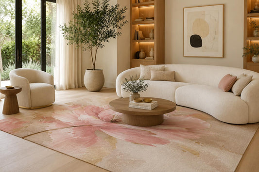 ICE ARMOR 6'7" x 9'10" Pink and Beige Watercolor Flower Area Rug for Living Room, Soft Low Pile Carpet with Non-Slip Silicone Backing, Floor Decor for Bedroom, Dining Area and Home Office