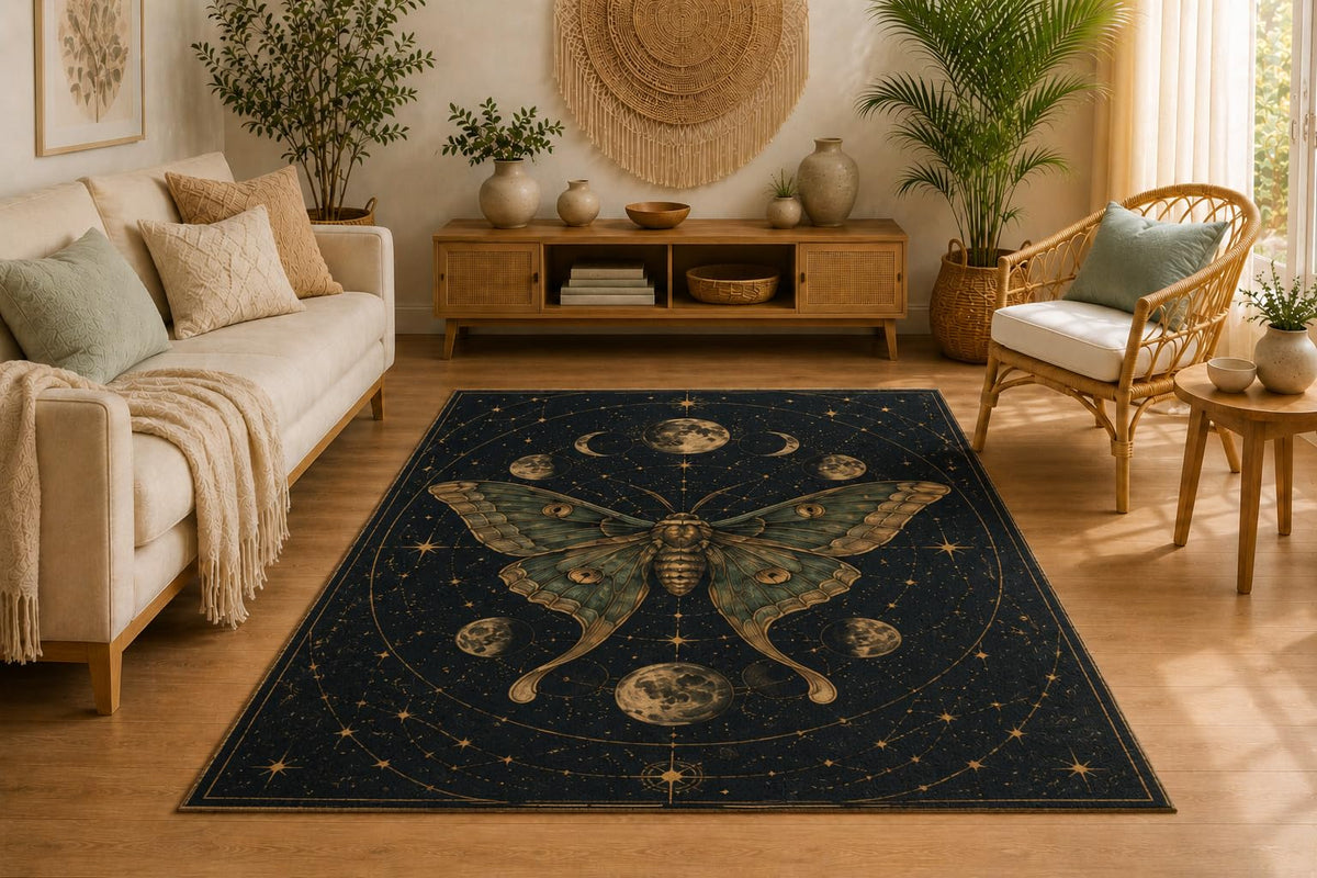 ICE ARMOR 5' x 7' Celestial Luna Moth Area Rug, Moon Phase Astrology Design, Soft Low Pile Rug with Non-Slip Silicone Backing for Living Room, Bedroom, Office