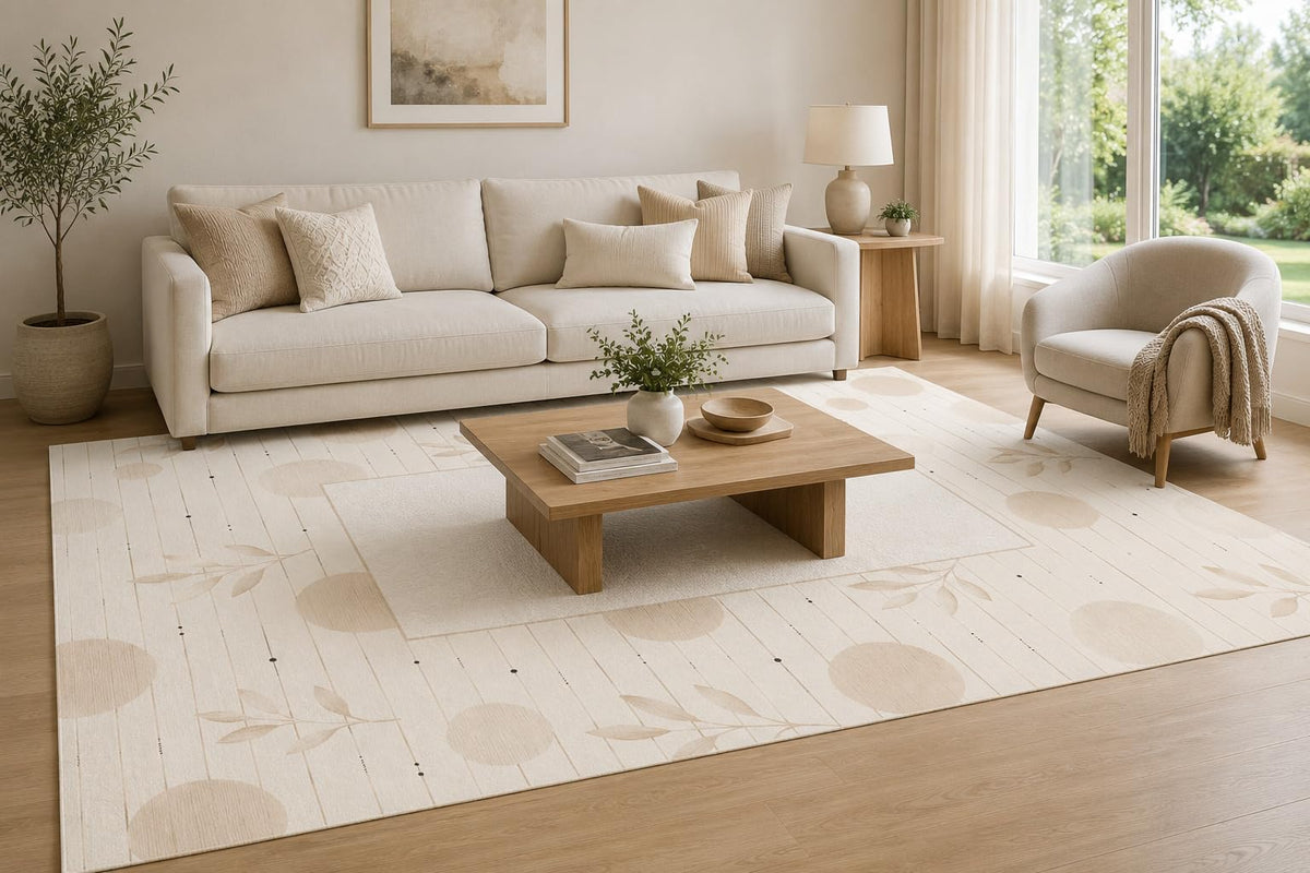 ICE ARMOR Large 6'7" x 9'10" Sage and Ivory Meadow Lines Area Rug for Living Room, Soft Low Pile Carpet with Non-Slip Silicone Backing, Decor for Bedroom, Dining Area and Home Office