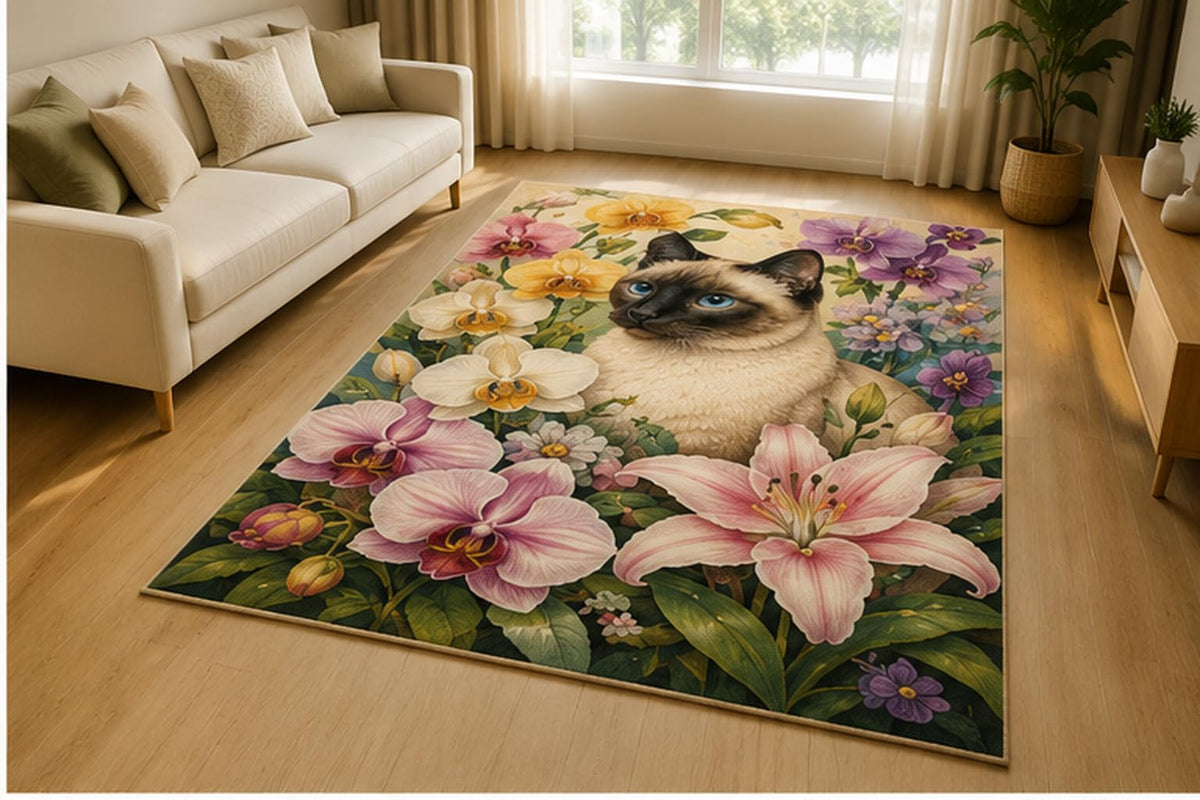 ICE ARMOR 5' x 7' Siamese Cat Orchid Lily Garden Area Rug for Living Room, Soft Low Pile Indoor Rug with Non-Slip Silicone Backing, Decorative Carpet for Bedroom, Office, Kids & Pets, Pink Purple