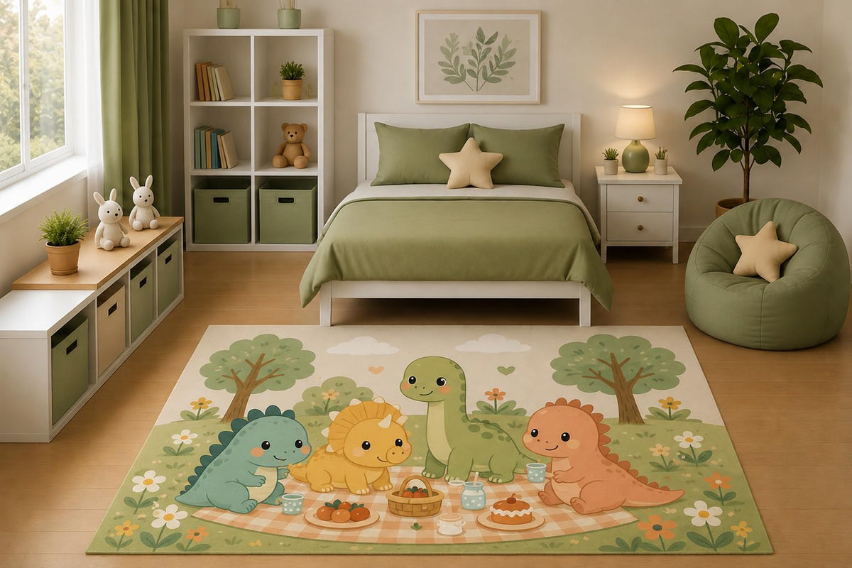 ICE ARMOR 5' x 7' Cute Dinosaur Picnic Area Rug Kawaii Woodland Garden Nursery Bedroom Playroom Decor for Boys and Girls Kids Room Non-Slip Silicone Backing Low Pile