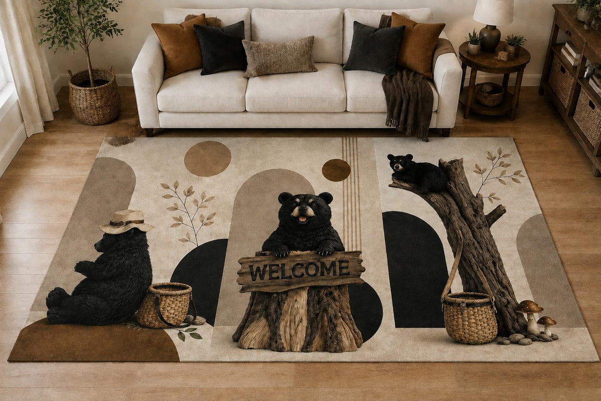 ICE ARMOR "Ultra Lightweight Large 6'7" x 9'10" Bear Family Welcome Area Rug for Living Room, Bedroom and Home Office, Soft Low Pile Carpet with Non-Slip Silicone Backing, Black and Beige
