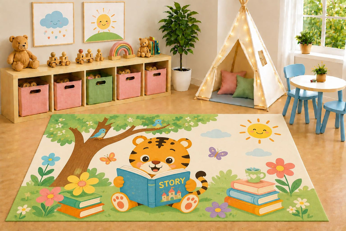 ICE ARMOR 5' x 7' Reading Tiger Area Rug, Storybook Forest Learning Books Cute Animal Kids Playroom Nursery Bedroom Rug, Non-Slip Silicone Backing Low Pile