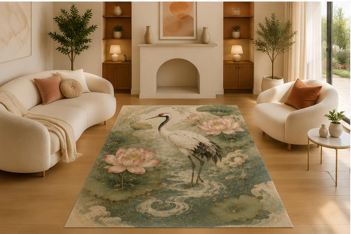 ICE ARMOR 5' x 7' Japanese Crane Lotus Pond Area Rug, Soft Low Pile Indoor Rug with Non-Slip Silicone Backing for Living Room, Bedroom, Dining Room & Office, Sage Green