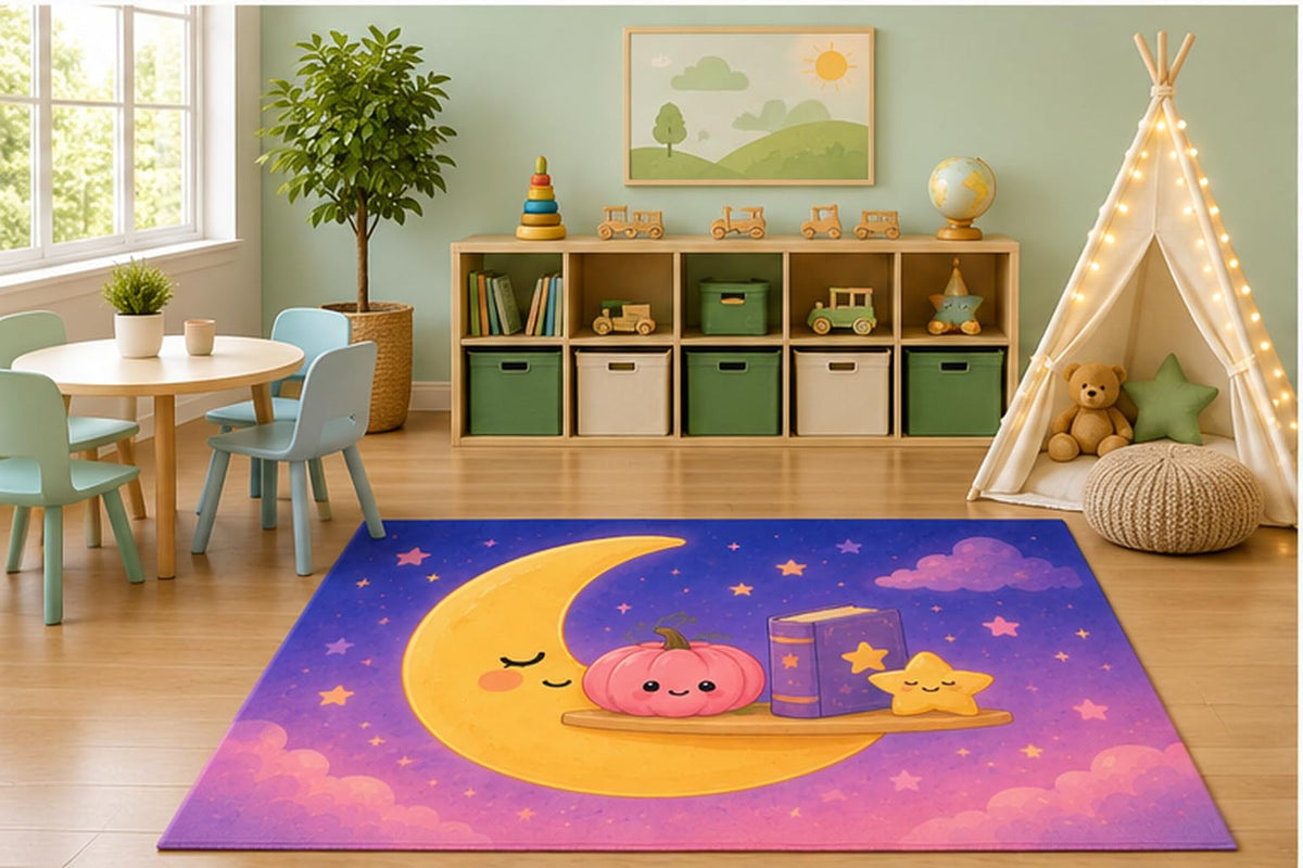 ICE ARMOR 5' x 7' Moon and Pumpkin Storytime Kids Area Rug, Cute Crescent Moon Pink Pumpkin Book Star Kawaii Cartoon Playroom Nursery Bedroom Reading Nook Decor, Non-Slip Silicone Backing Low Pile