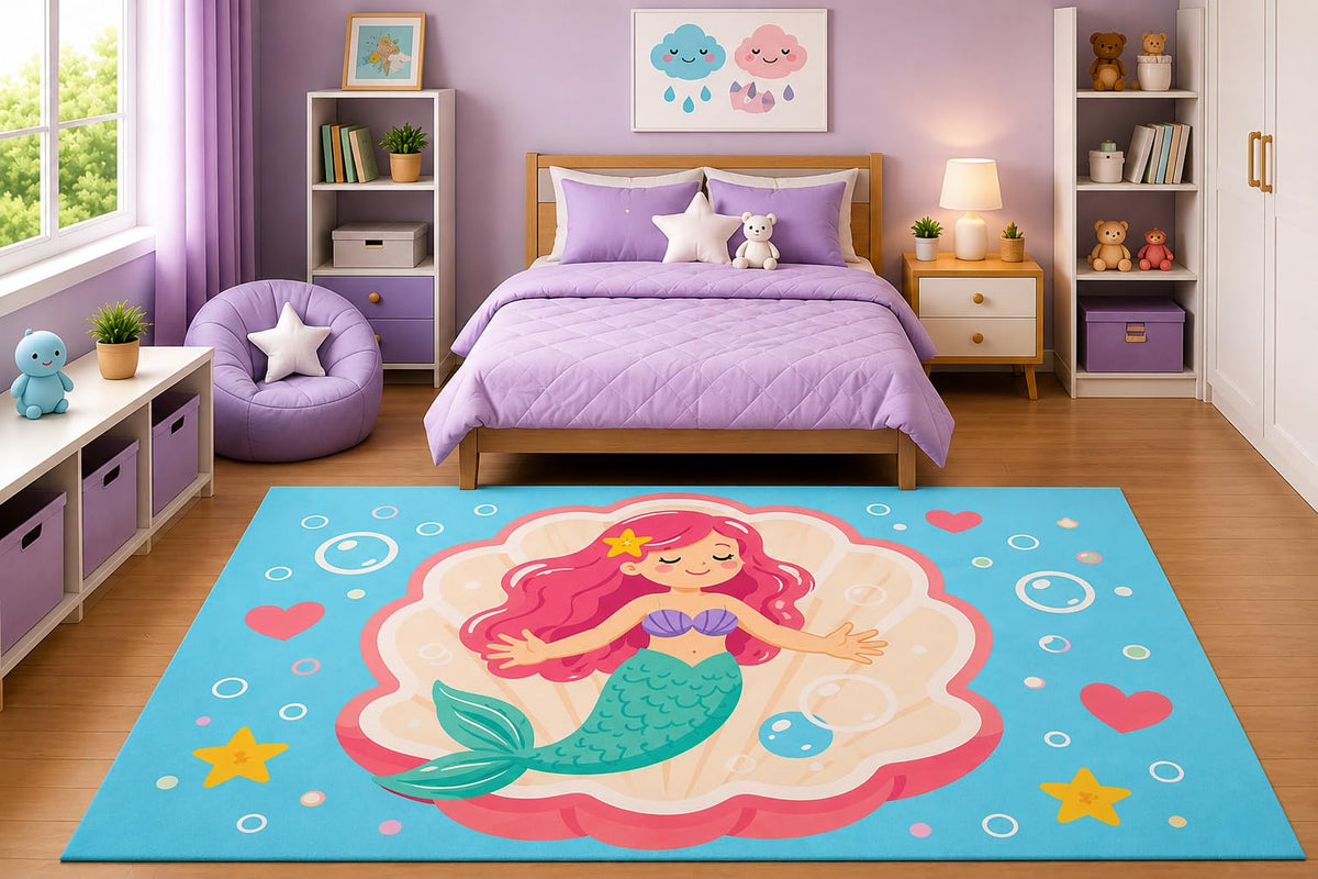 ICE ARMOR 5' x 7' Sleeping Mermaid in Seashell Area Rug for Girls Bedroom Nursery Playroom Scandinavian Minimalist Coastal Ocean Fantasy Decor Non-Slip Silicone Backing Low Pile