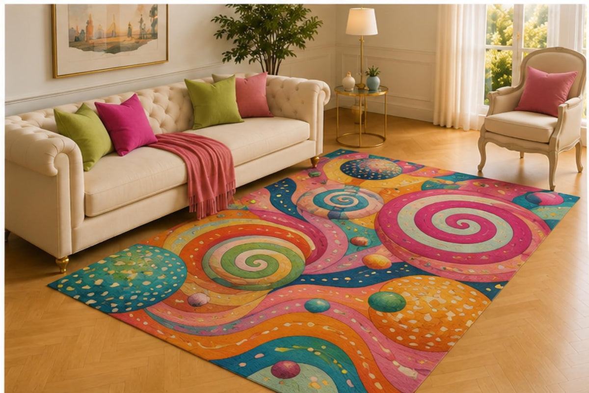 ICE ARMOR 5' x 7' Abstract Spiral Rug, Bright Swirling Shapes with Playful Dots and Flowing Curves, Modern Floor Decor for Kids Room, Studio or Creative Space