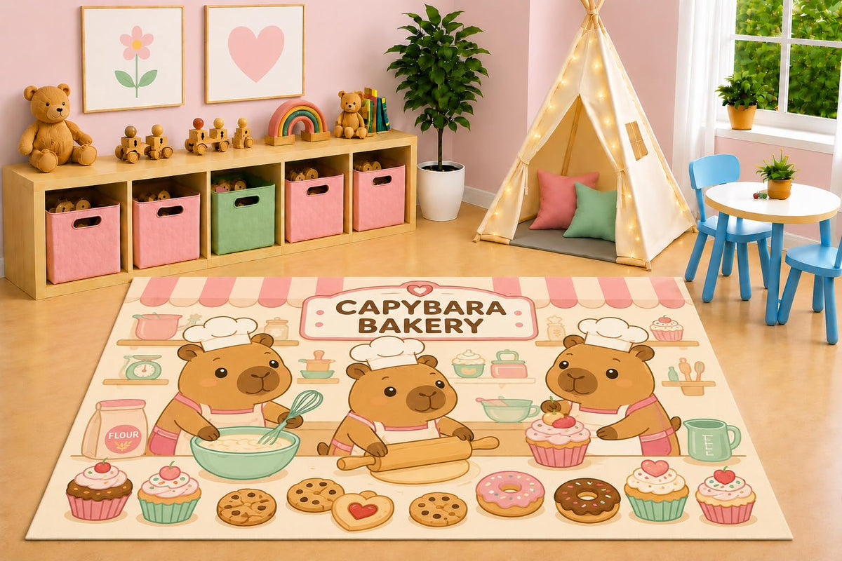 ICE ARMOR 5' x 7' Capybara Bakery Area Rug, Cute Kawaii Baking Cupcakes Cookies Dessert Kitchen Kids Playroom Bedroom Decor, Non-Slip Silicone Backing Low Pile