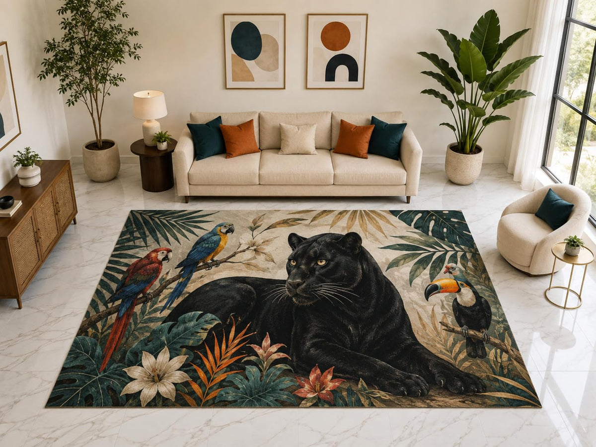 ICE ARMOR "Ultra Light Weight Large 6'7" x 9'10" Tropical Black Panther Rug, Soft Low Pile Indoor Rug, Non-Slip Silicone Backing for Bedroom Black