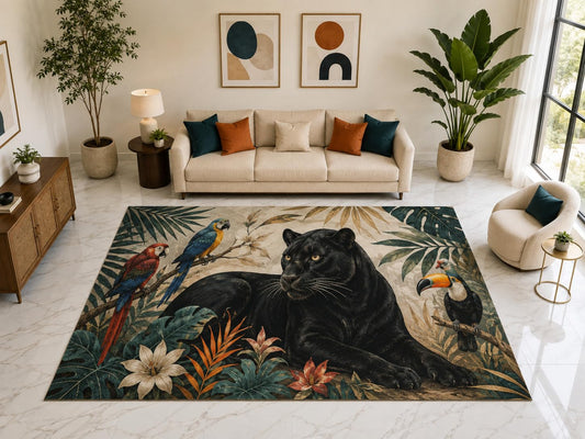 ICE ARMOR "Ultra Light Weight Large 6'7" x 9'10" Tropical Black Panther Rug, Soft Low Pile Indoor Rug, Non-Slip Silicone Backing for Bedroom Black