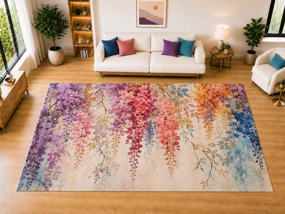 ICE ARMOR "Ultra Light Weight Large 6'7" x 9'10" Wisteria Flower Area Rug for Living Room Bedroom Dining Room, Soft Low Pile Non-Slip Backing, Purple Pink Orange Blue Cream Botanical Decor